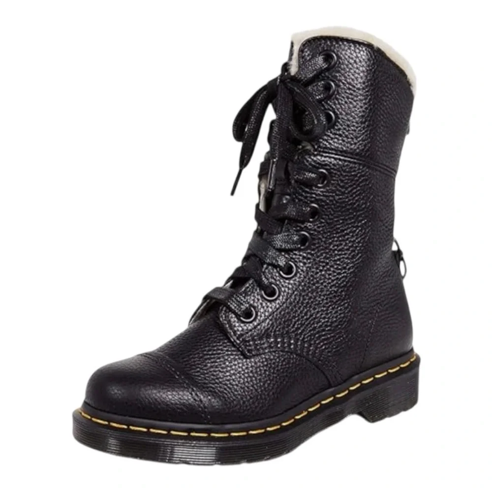 Dr. Marten’s Amilita Aunt Sally Black Leather Faux Fur Lined Boot.